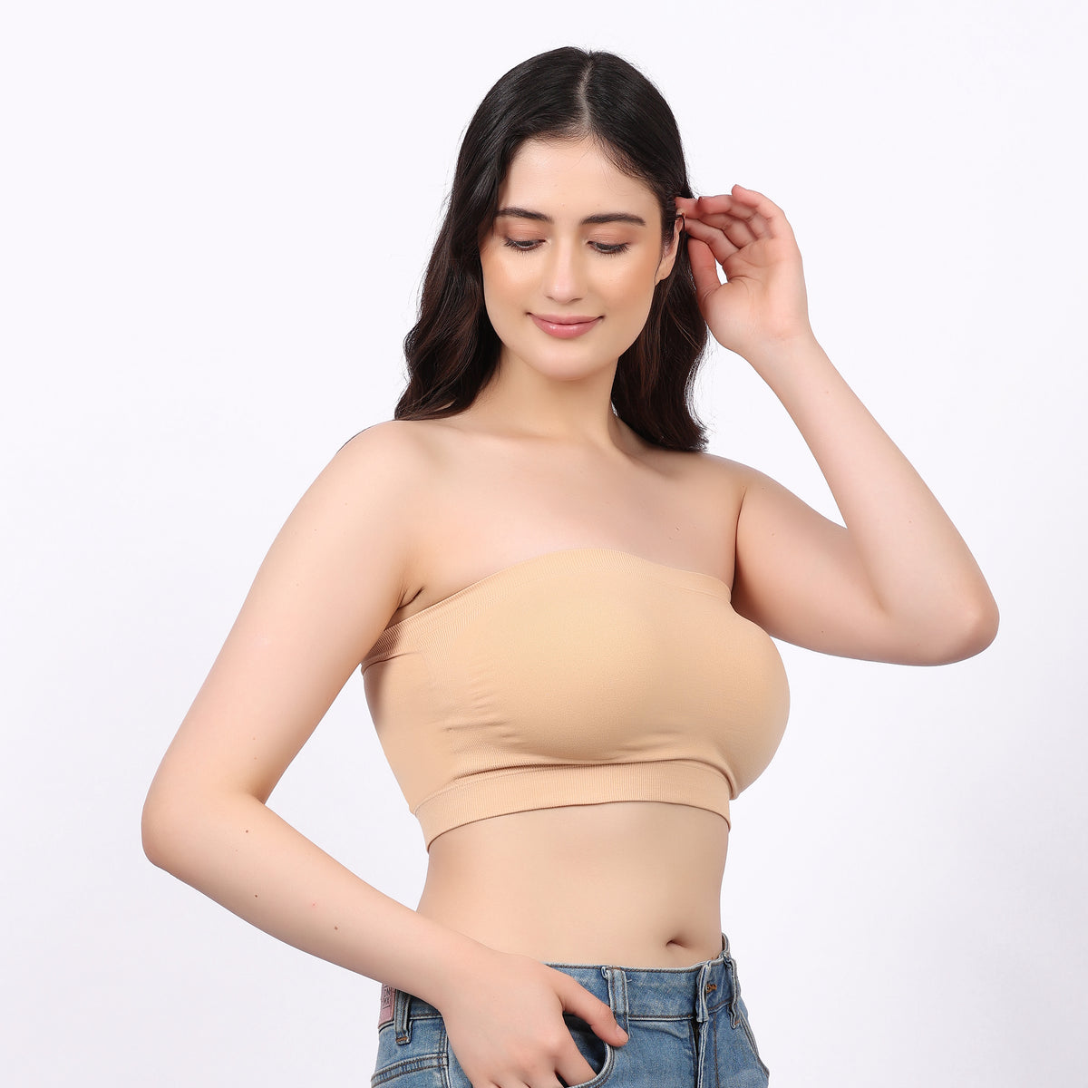 Women's Tube Bra | Strapless Seamless Stretch Bra | Removable Pads | Soft Wirefree Everyday Innerwear | Black & Beige | Multiple Sizes | Pack of 2
