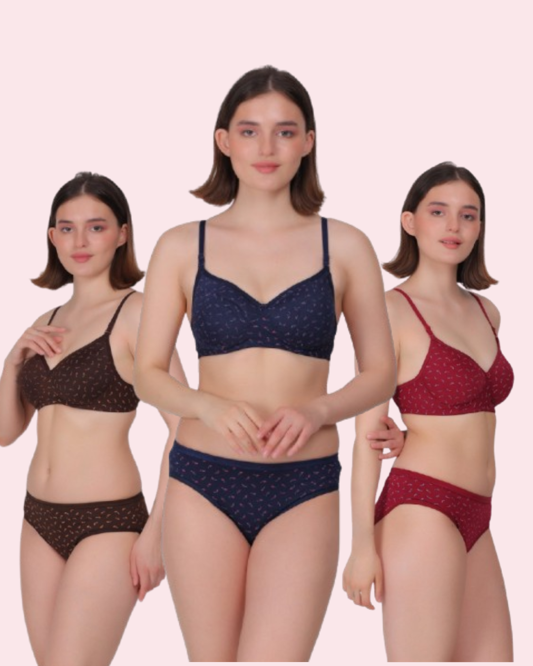 Printed Lingerie Set: Padded Support & Style (Pack Of 3)
