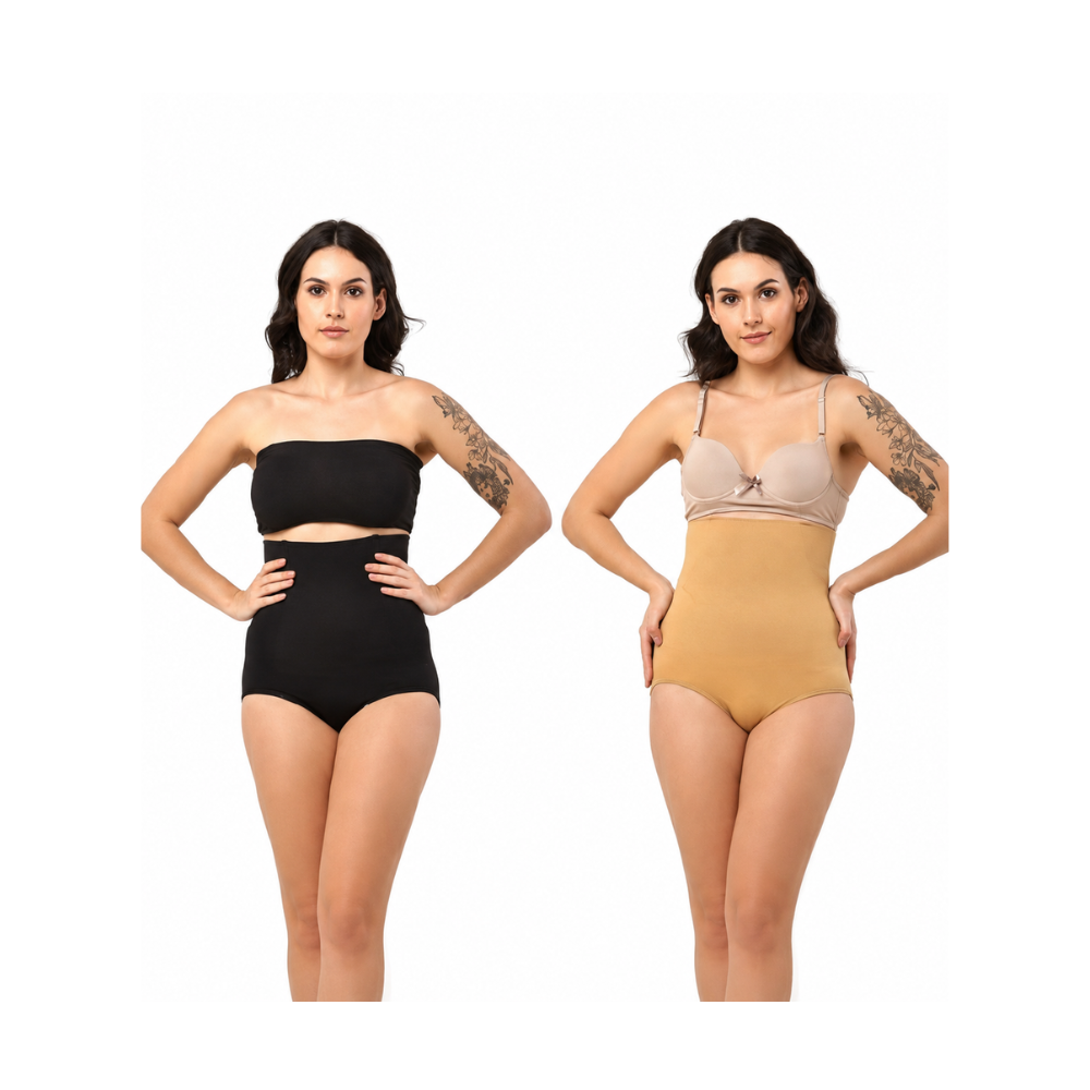 Nudiva Premium Breathable Stretch Fabric Bikini Shapewear Panty | Black & Beige Combo Pack of 2