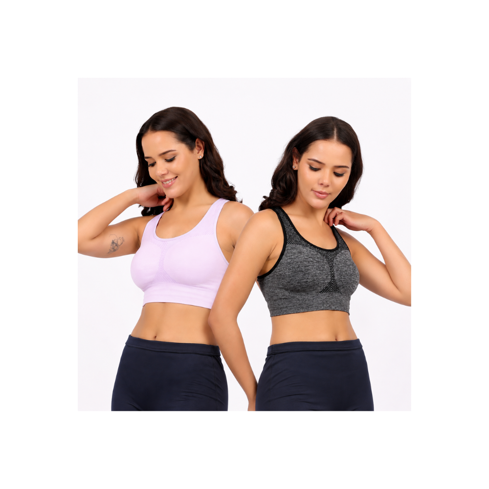 Women's Reversible Sports Bra | Double-Sided Seamless Stretch Activewear Bra | Removable Pads | Wirefree Workout & Everyday Wear | Black & Lilac | Multiple Sizes | Pack of 2
