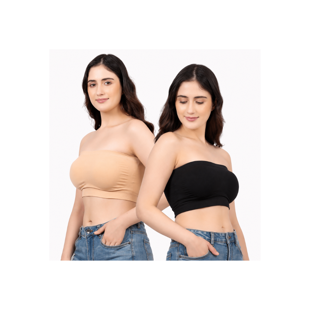 Women's Tube Bra | Strapless Seamless Stretch Bra | Removable Pads | Soft Wirefree Everyday Innerwear | Black & Beige | Multiple Sizes | Pack of 2