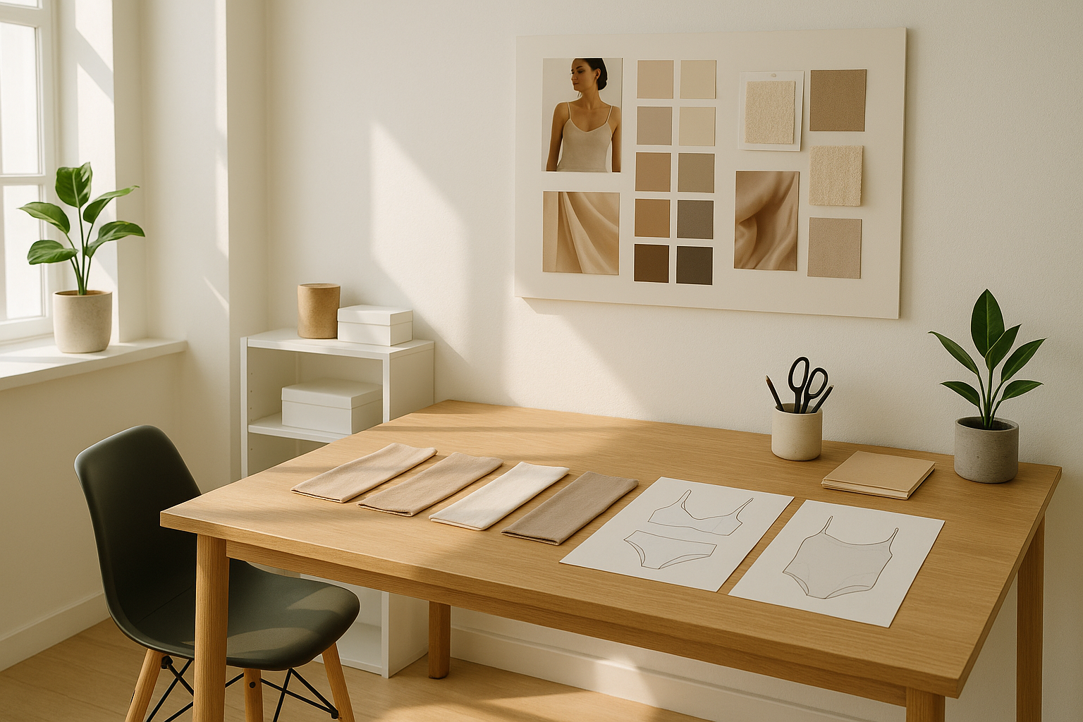 
Brand Story Visual (Subtle):

Idea: A tasteful, minimalist shot of the brand's creative space – a clean design studio, a mood board with fabric swatches, or sketches. This hints at the "curation" and design process without being overly literal.

Visual: Organized, clean, well-lit space, hinting at creativity and dedication.