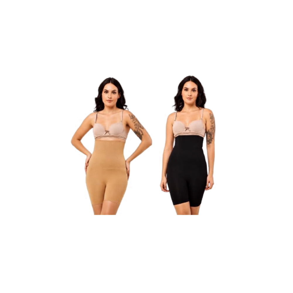 Nudiva High Waist Tummy & Thigh Control Shapewear Full Shorts | Black & Beige | Pack of 2